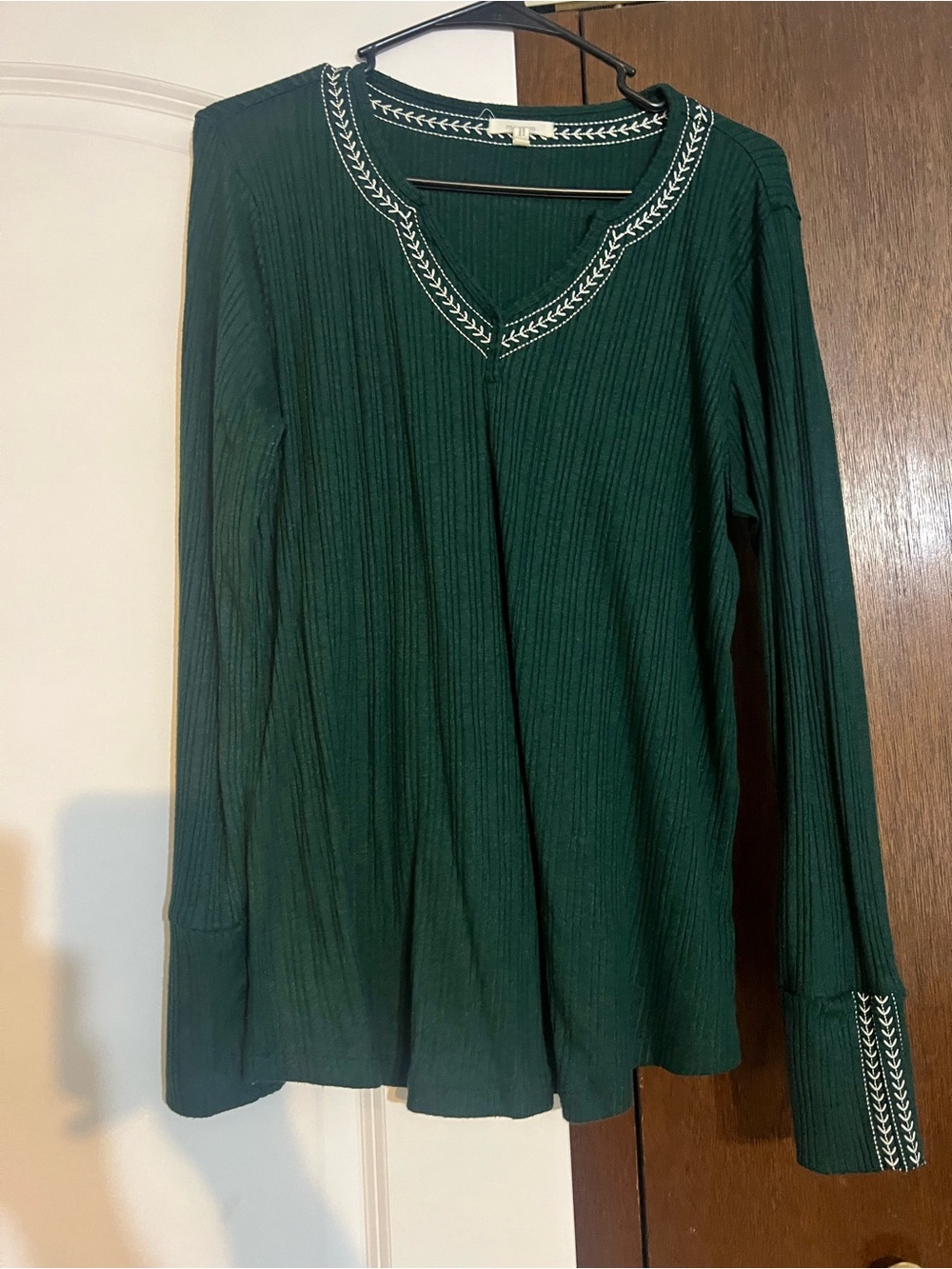 Maurices Forest Green Ribbed V‑Neck Long Sleeve Top with Embroidered Trim